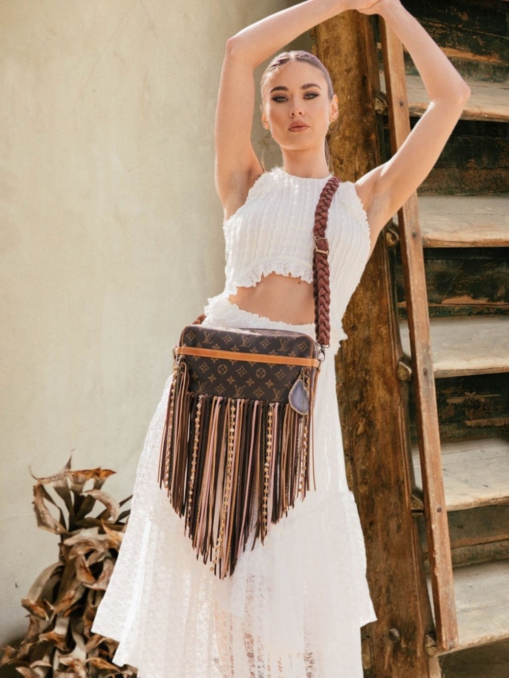 Designer-Inspired Vintage Boho Brown Monogram Fringe Crossbody Bag